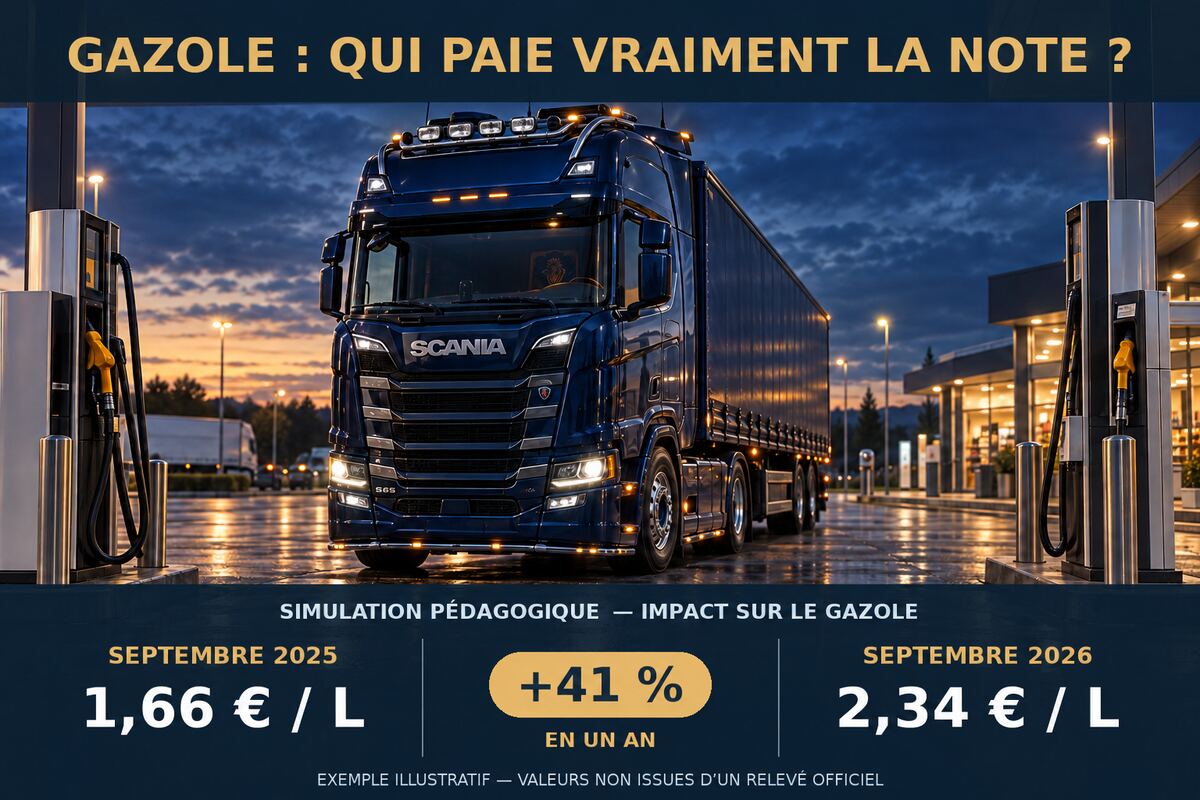 Scania personnalisé dans une station-service et simulation pédagogique de l’impact d’une hausse du gazole entre septembre 2025 et septembre 2026.